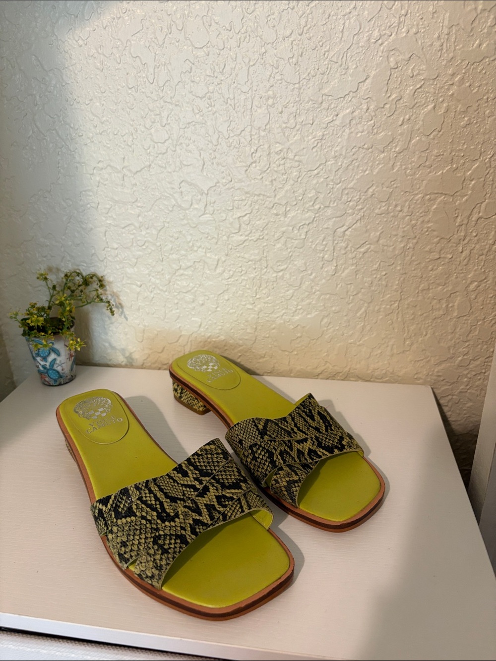 Vince Camuto Lime Green Snake Print Slide Mules